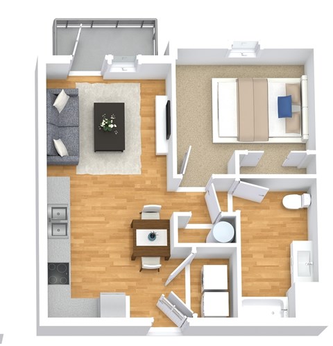 Floor plan for 1 bed, 1 bath, 648 sqft